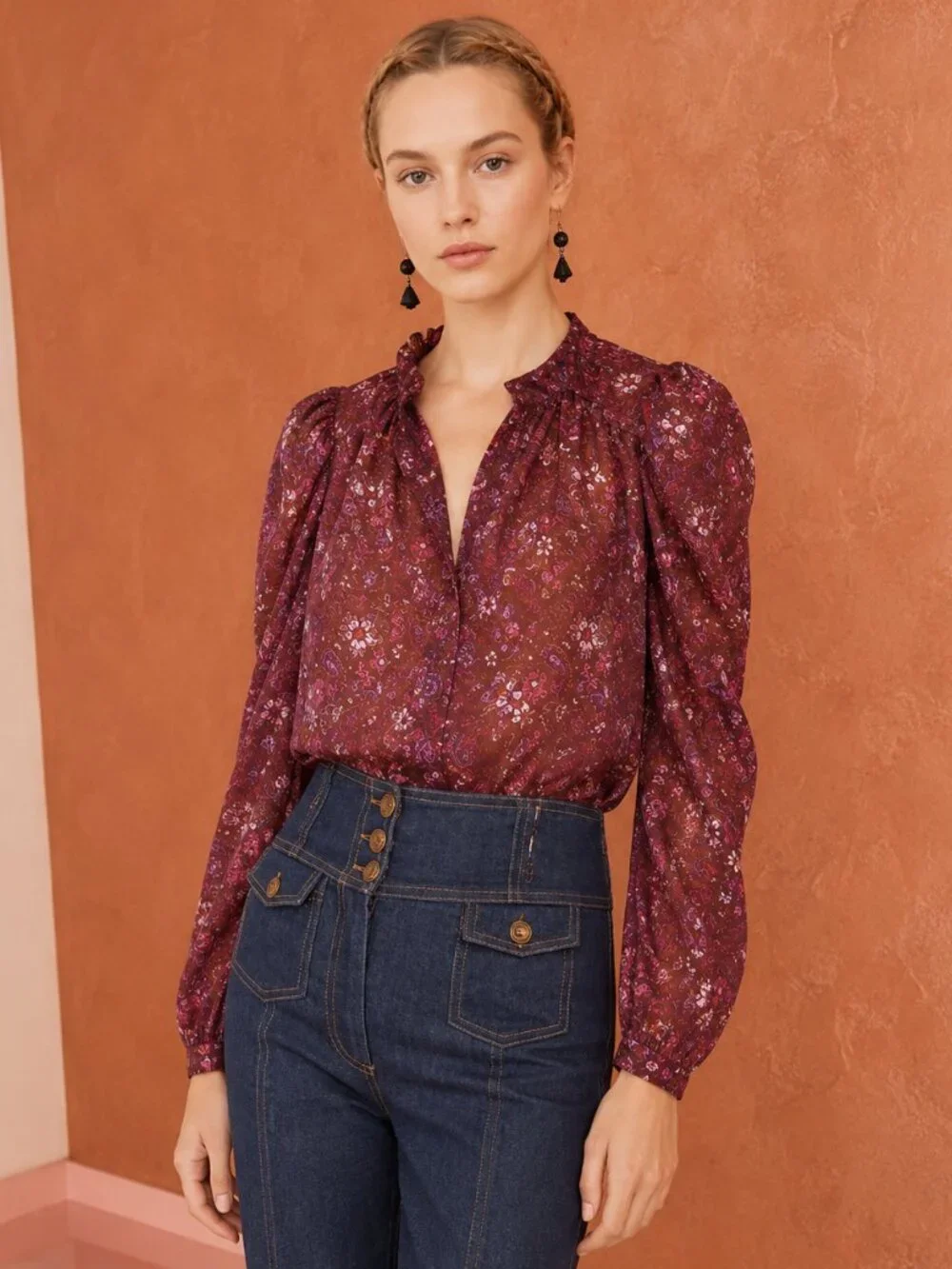 Ulla Johnson Renly Blouse Sumac Floral Paisley 100% Silk Sz 0 Ruffle Puff Sleeve